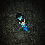 The Art Edit | Blue-Black Butterfly Stiletto Press-On Nails | Crushed Crystal Glitter + Silver Bow Charms