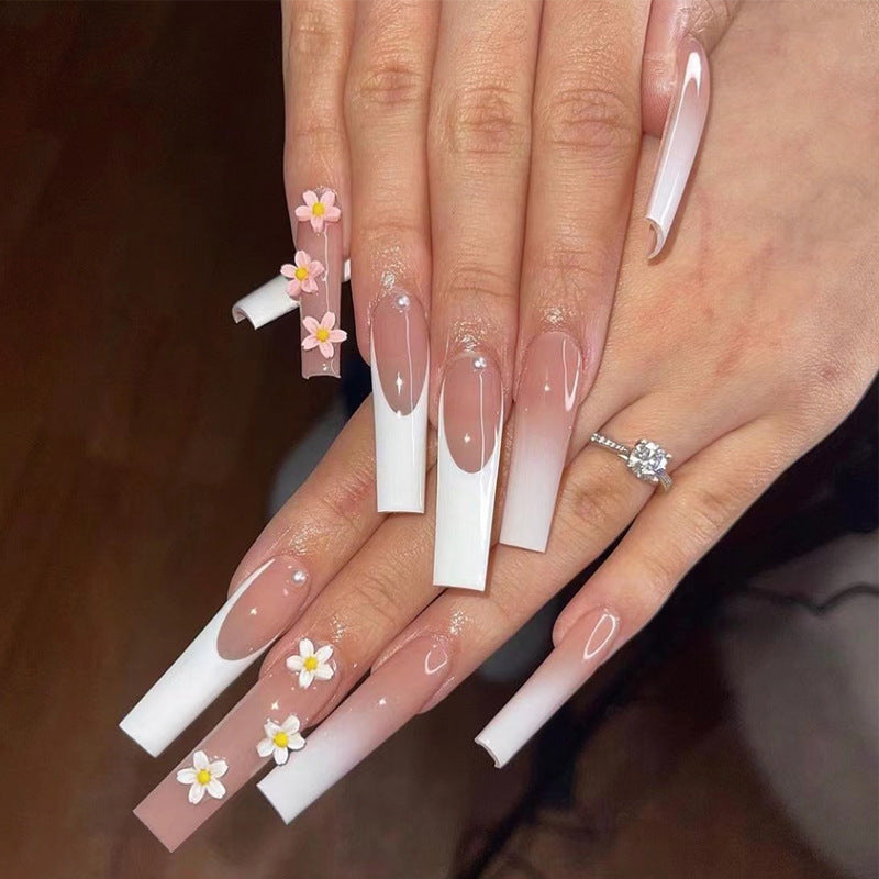 Nail art piece Wear nail, French white edge smudge Wear nail three-dimensional flower nail patch Finished fake nail｜365nails
