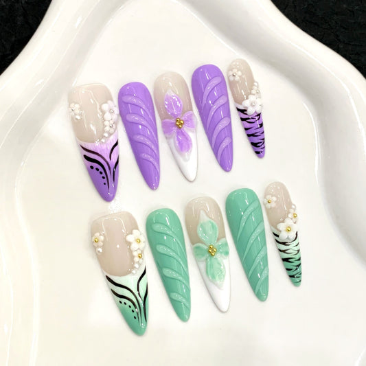 Mandarin Duck Purple Green Pinch Flower  Spice Girls Long Handmade Wear nails | 365nails