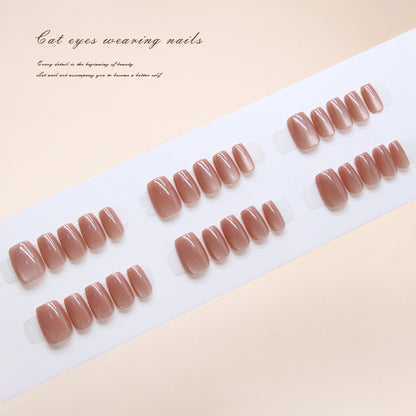 Nail Tips  prefabricated nail, icy and sweet red coffee cat eye, solid color temperament girl  press on nails 30 pieces｜365nails