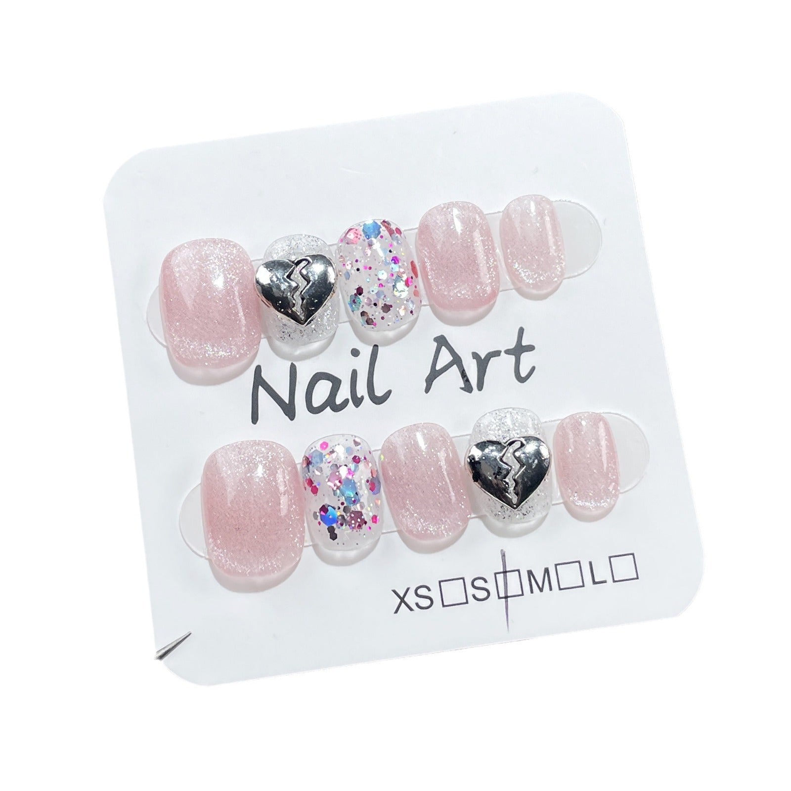 Fresh Summer Glitter Nails with Playful Silver Heart Charms