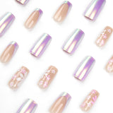 Adesivo de unhas postiças, unhas de camaleão polarizadas com flores rosa e brancas, arte de unhas finalizada, unhas postiças removíveis, produto finalizado｜365nails