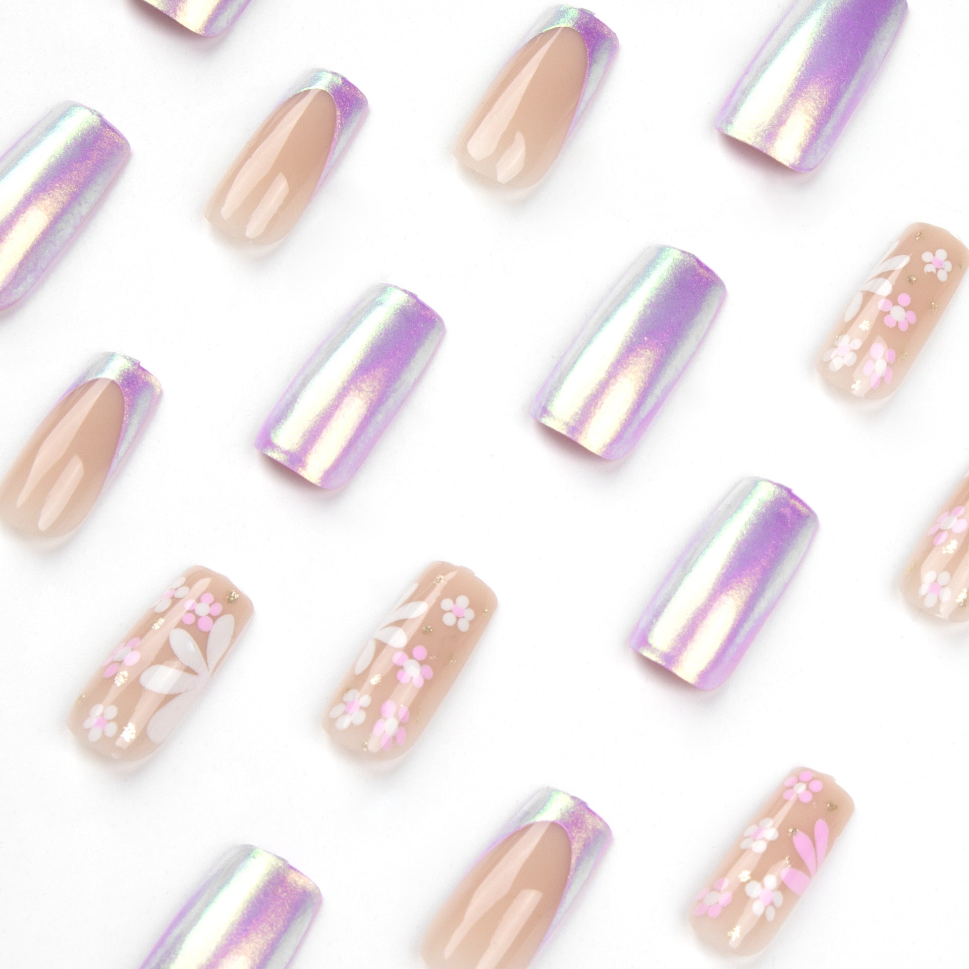 Adesivo de unhas postiças, unhas de camaleão polarizadas com flores rosa e brancas, arte de unhas finalizada, unhas postiças removíveis, produto finalizado｜365nails