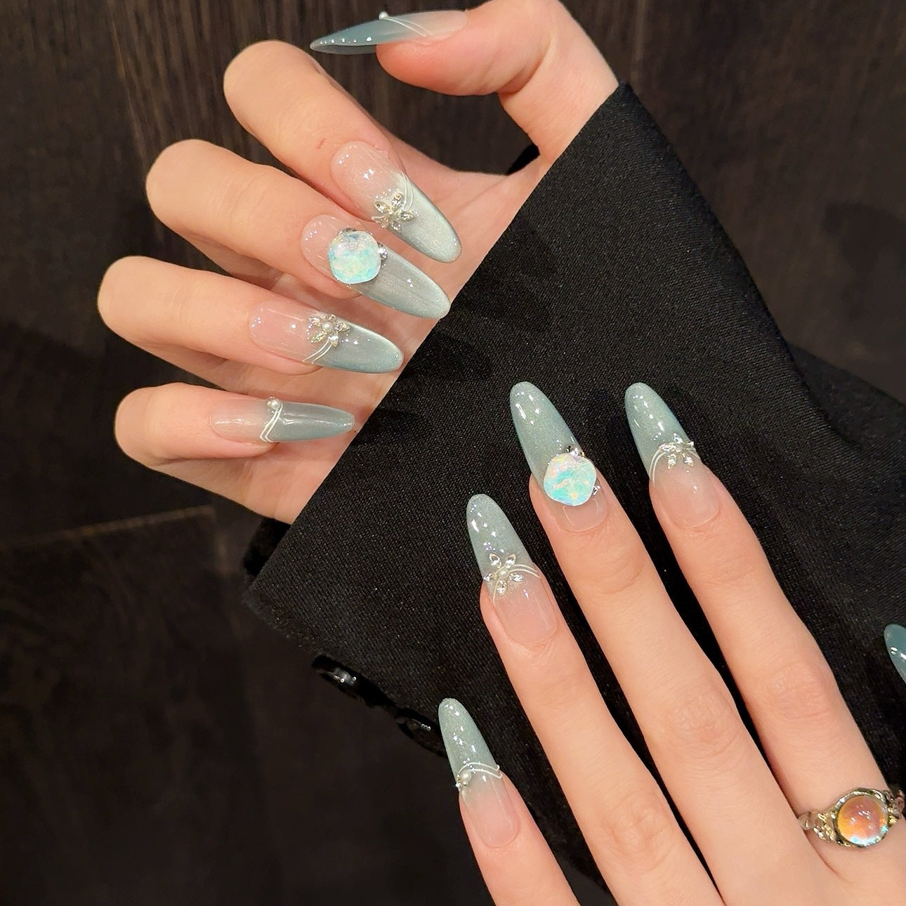 365nails: "Aurora Whisper" – Handcrafted Mint Ombre & Crystal Accents Almond Nails