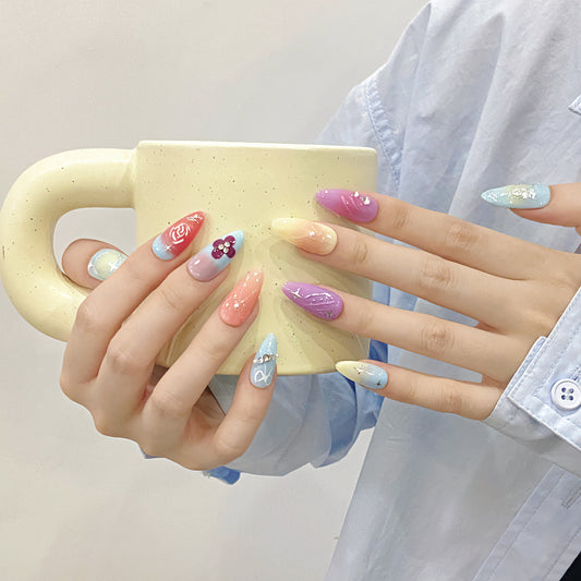 Handmade press on nails Art Wear Nail Art Spring and Summer Gentle Light Blue Butterfly Gradient Blush Hand-painted Nail Art Sticker | 365nails