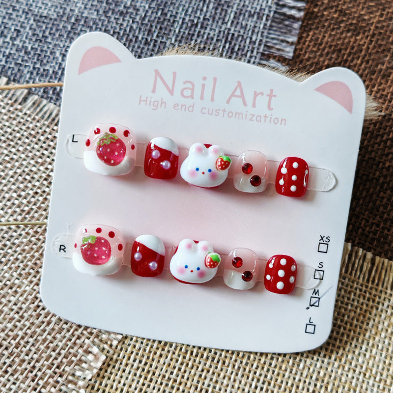 365nails: "strawberry sweetheart bunny" – short round handmade kids press-on nails