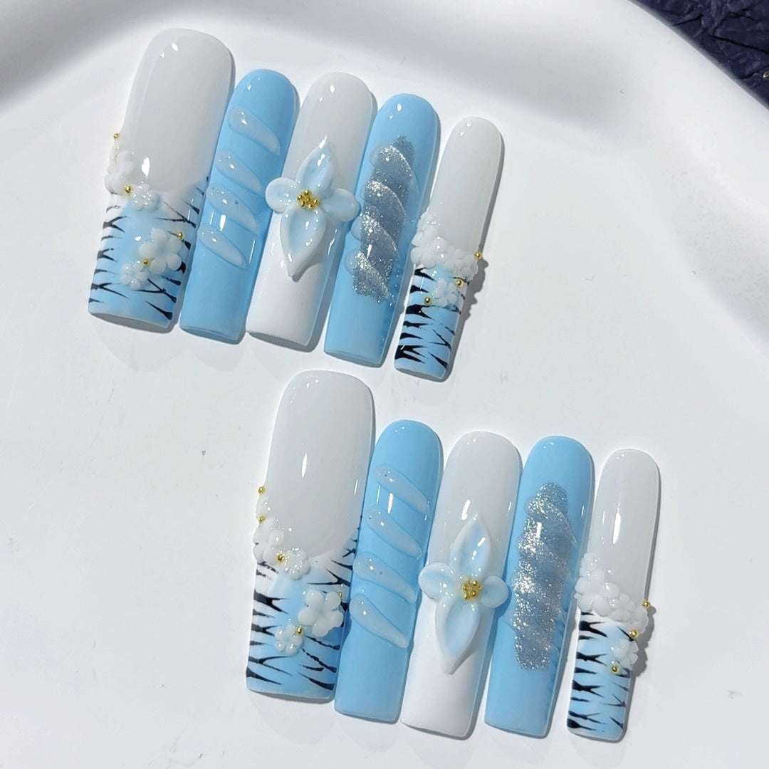 Blue Blossom Pearl Elegant Extra Long Press On Nails