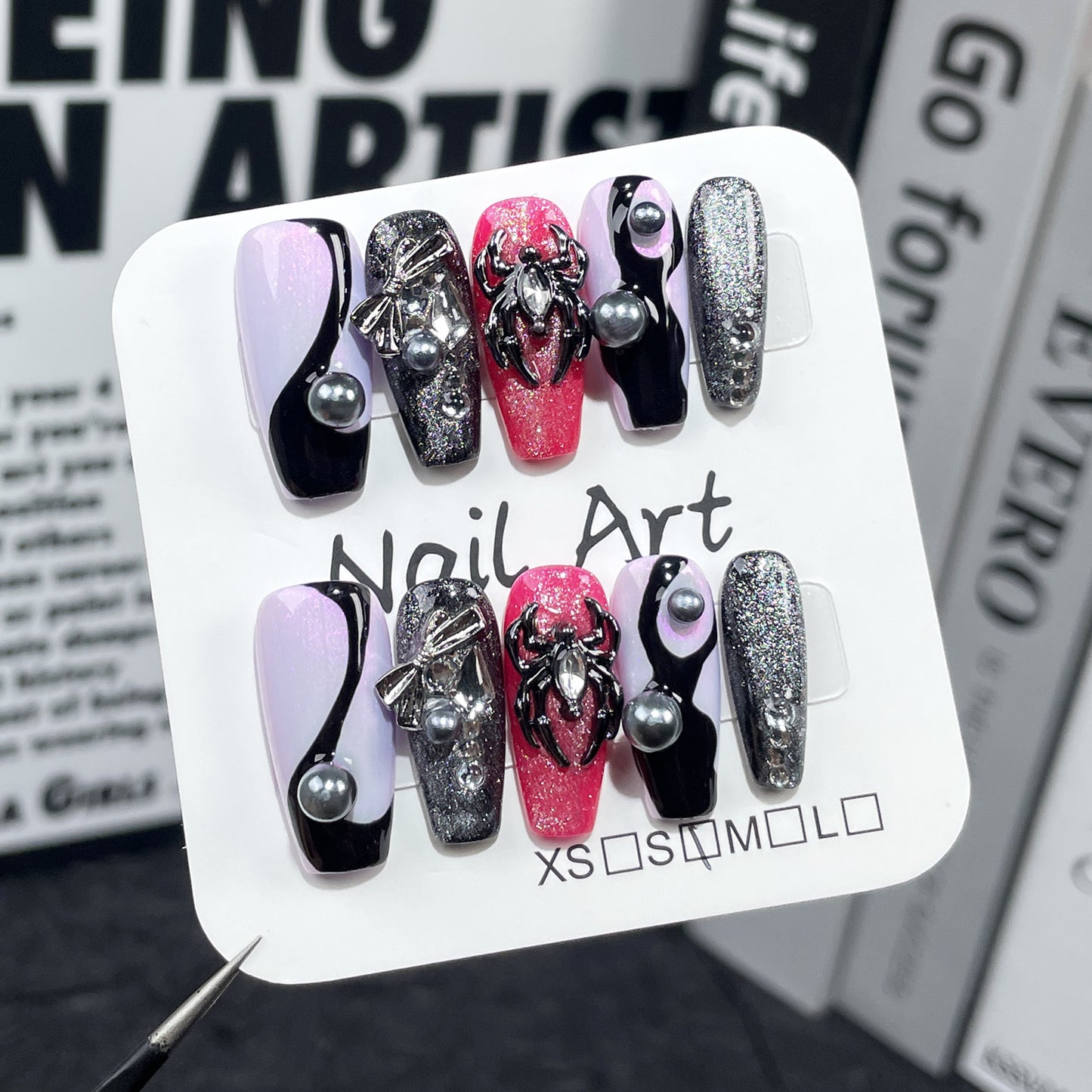Unhas postiças de pressão artesanais, estilo olho de gato Aurora, cores contrastantes, médias e longas, atacado｜365nails