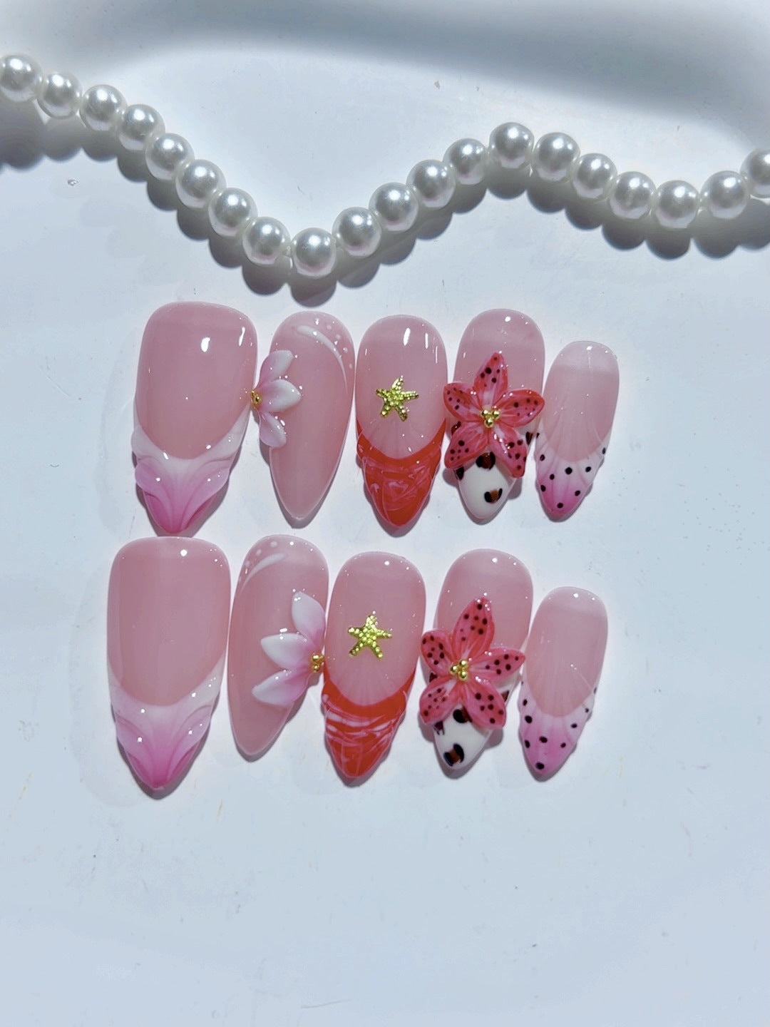 Whimsical Couture: "Strawberry Cow & Floral Fantasy" – Almond French Tip Press Ons