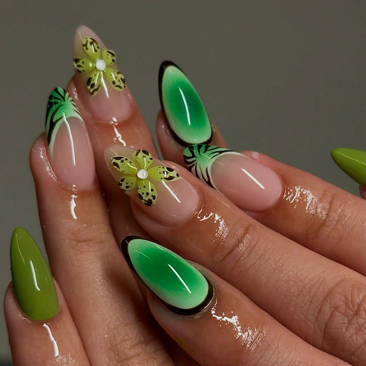 Summer style almond wearing nail French manicure fake nail 3D tropical flower removable nail finished product wholesale