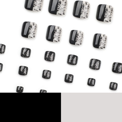 Simple solid color foot nail patch wholesale pattern classic black splicing nail glitter short ｜365nails
