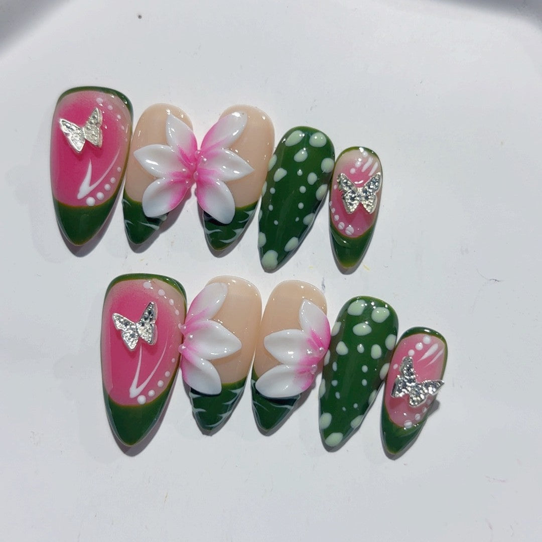 365nails-Tropical Bloom: "雞蛋花飄舞" – 杏仁形手工製3D立體雕刻穿戴甲