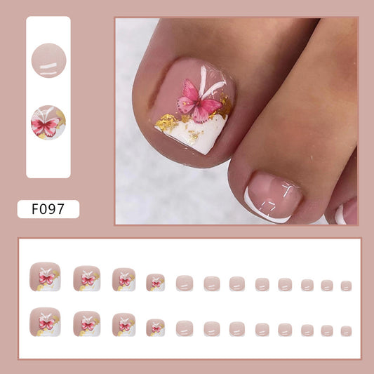 Puro deseo Uñas postizas para los pies a presión, manicura francesa blanca, lindas uñas postizas de mariposa rosa, para usar Uñas postizas para los pies a presión, pieza de uña postiza｜365nails
