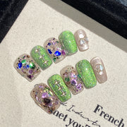 365nails: "Emerald Galaxy" – 3D 骷髏與全息亮粉 手工製 短款 方形 穿戴甲