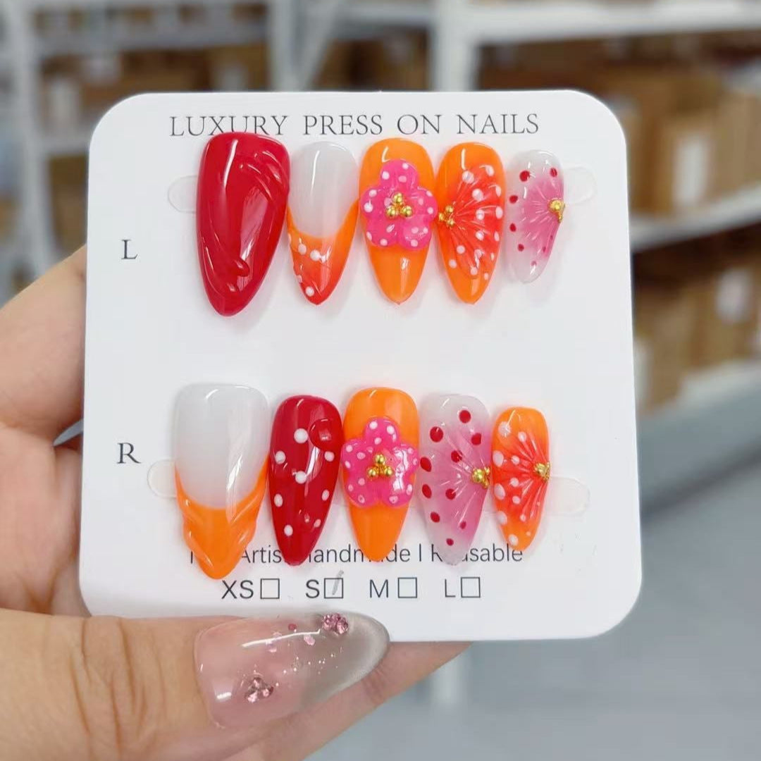 Tropical Bloom: "Coral Cherry" – Unhas Postiças Amêndoas