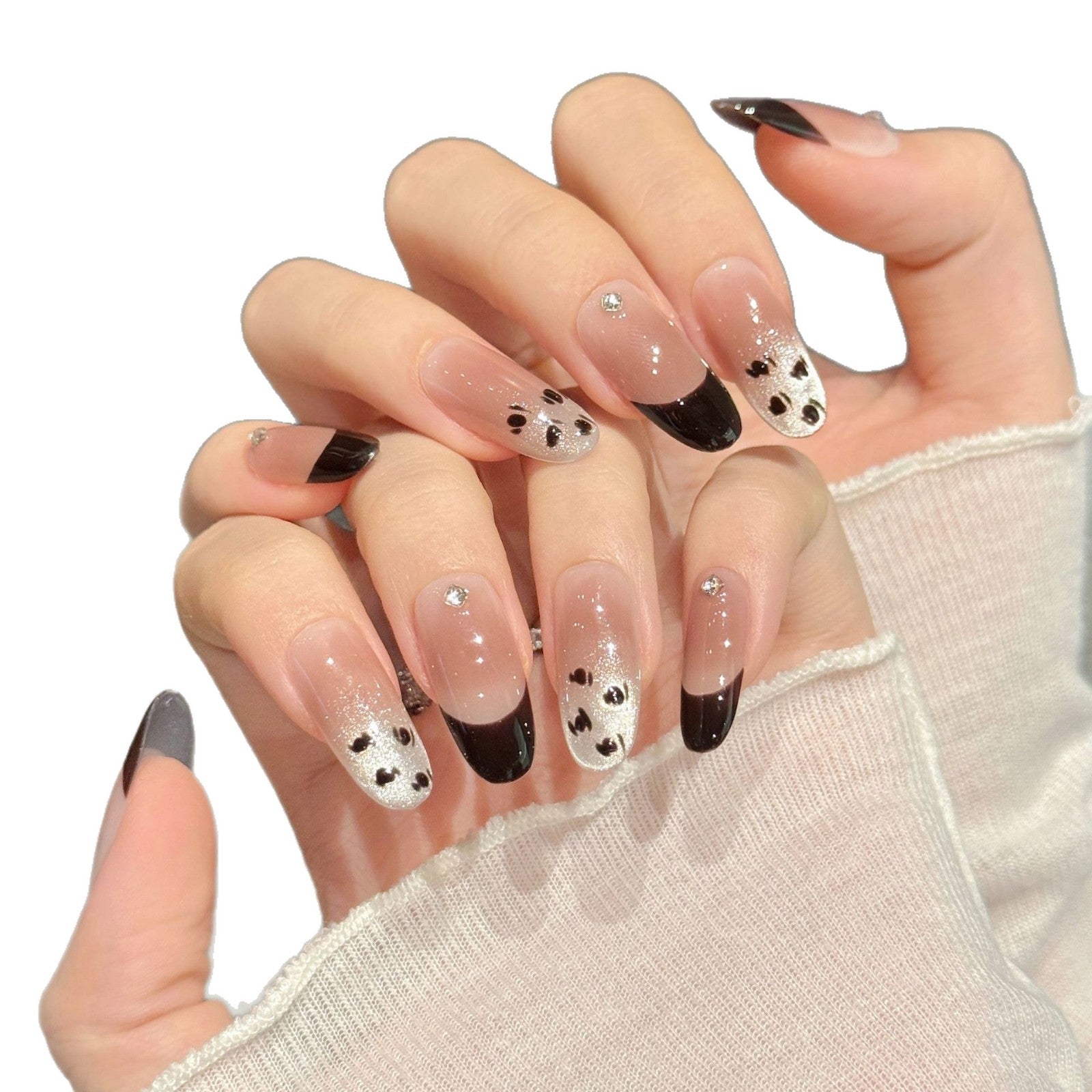 Black French Nude Glitter Paw Press On Nails