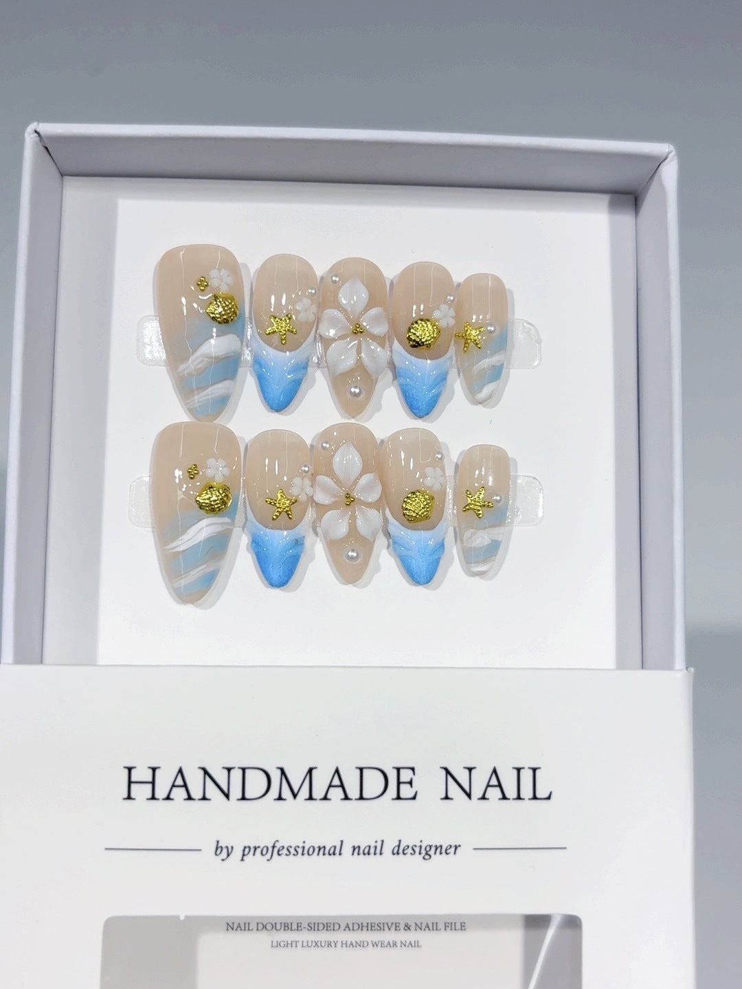 Coastal Breeze: "Seashell Bloom" – Medium Almond Handmade Press On Nails