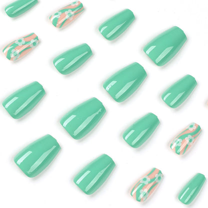 Nail Art  Wholesale Short Green Wave White Flower  Art Nail Piece ｜365nails