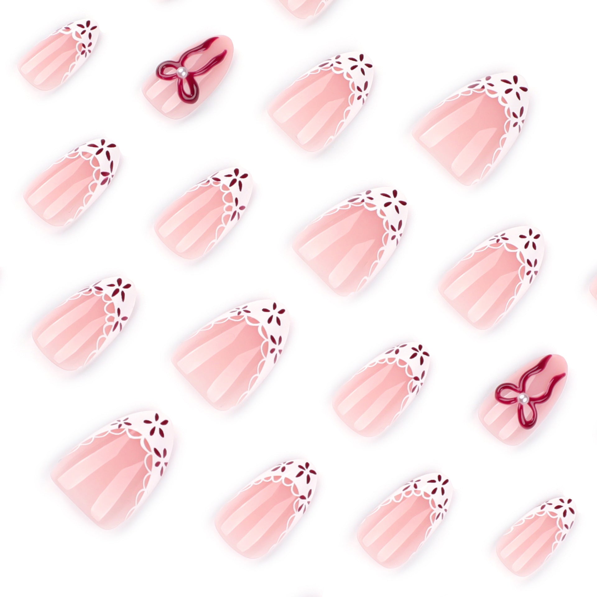Short Almond Press On Nails with Nude Base & Gold Bow & Dot Accents
