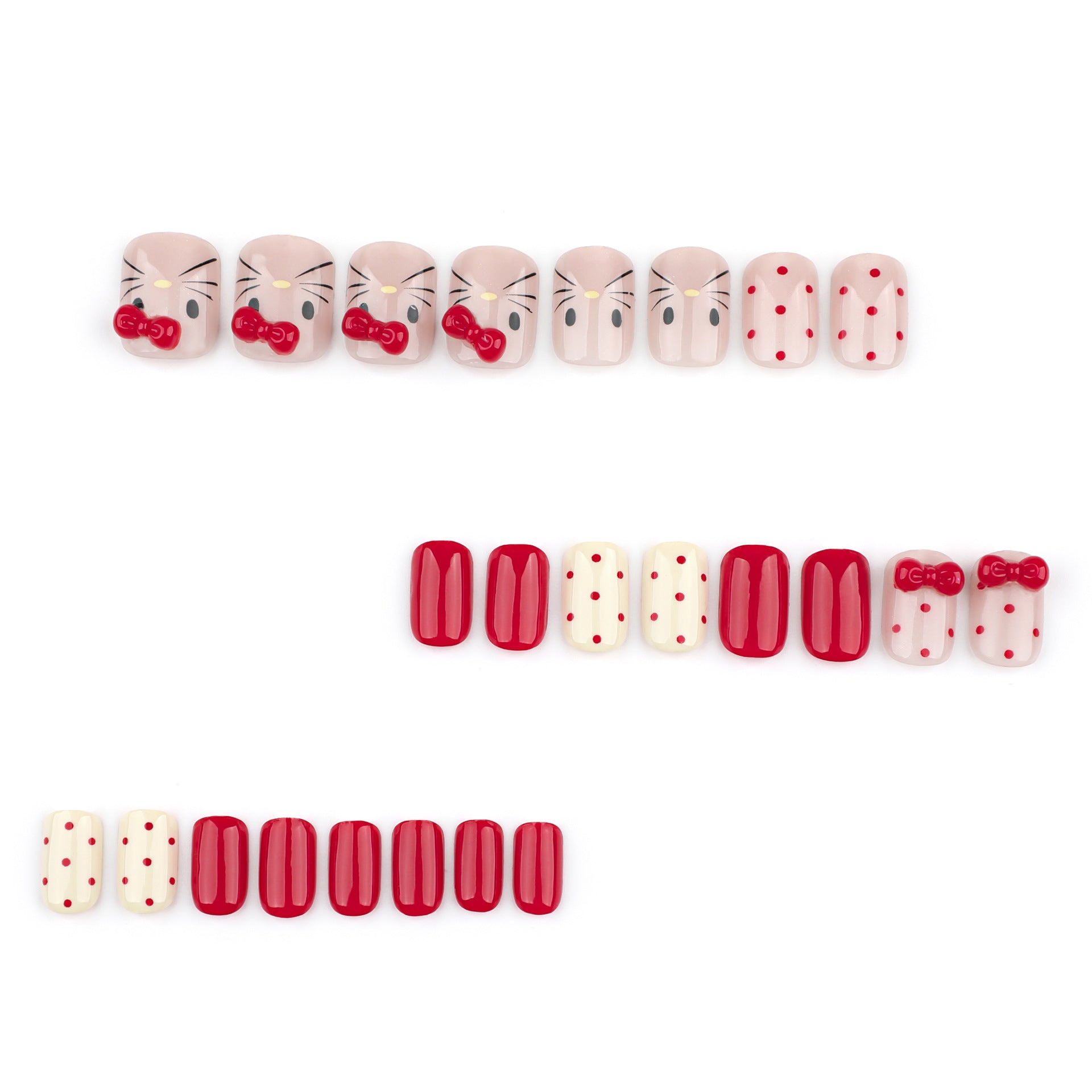 Uñas postizas de gato con diseño de gato, diseño de gato, con punta tridimensional, lazo de diamante, manicura extraíble, diseño de lunares rojos, venta al por mayor | 365nails