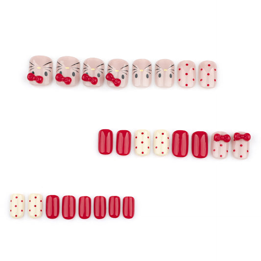 Autumn and winter sweet cat press-on nails three-dimensional point diamond bow removable manicure red polka dot nail piece wholesale｜365nails