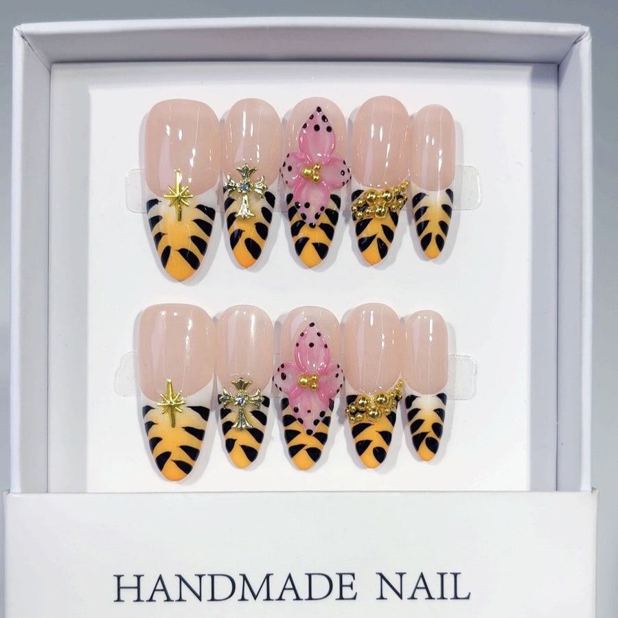 Wild Safari: "Tiger Stripe Butterfly" – Almond Shape Handmade Press-On Nails