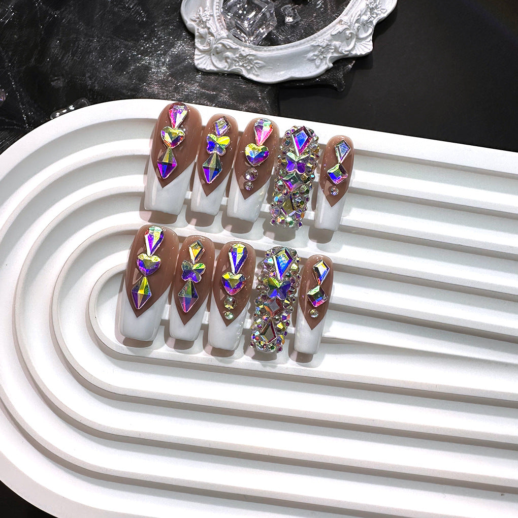 White Slanted French AB Crystal Press-On Nails