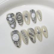 Artistic 3D Silver Chrome Liquid Cream Futuristic Press-On Nails