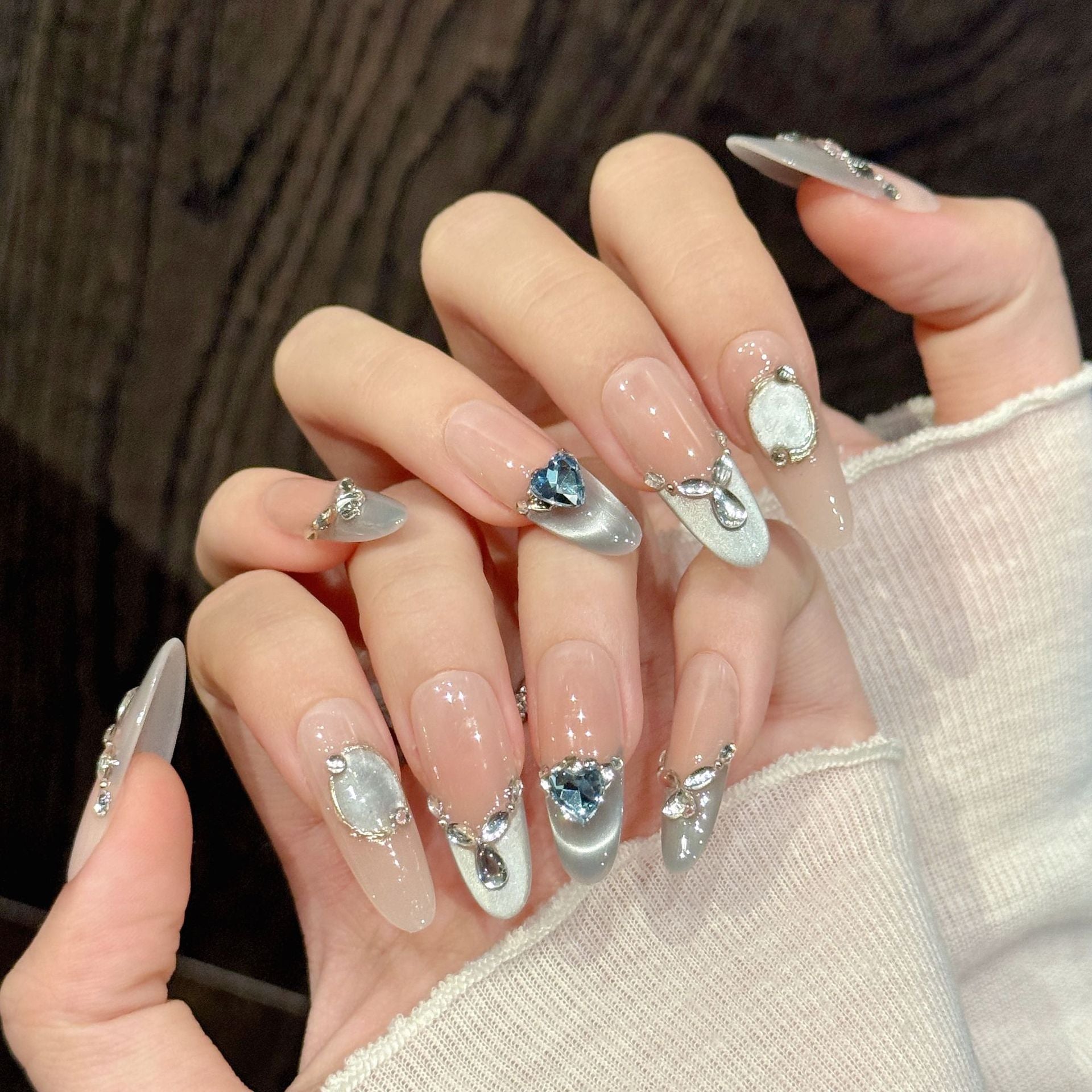 365nails: "Frozen Elegance" – 3D Gemstone & Silver Handmade Almond Nails