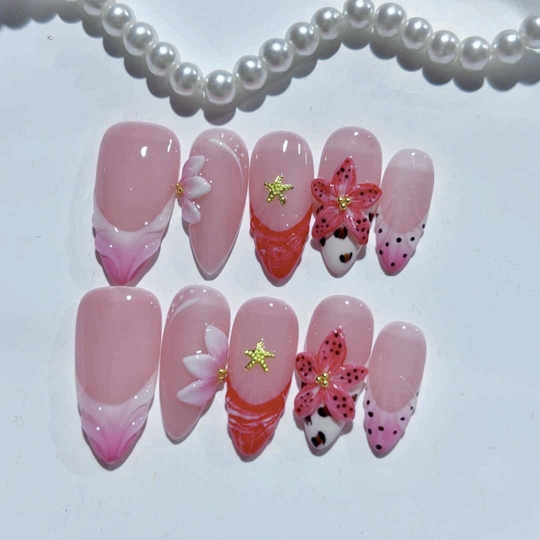 Whimsical Couture: "Strawberry Cow & Floral Fantasy" – Almond French Tip Press Ons