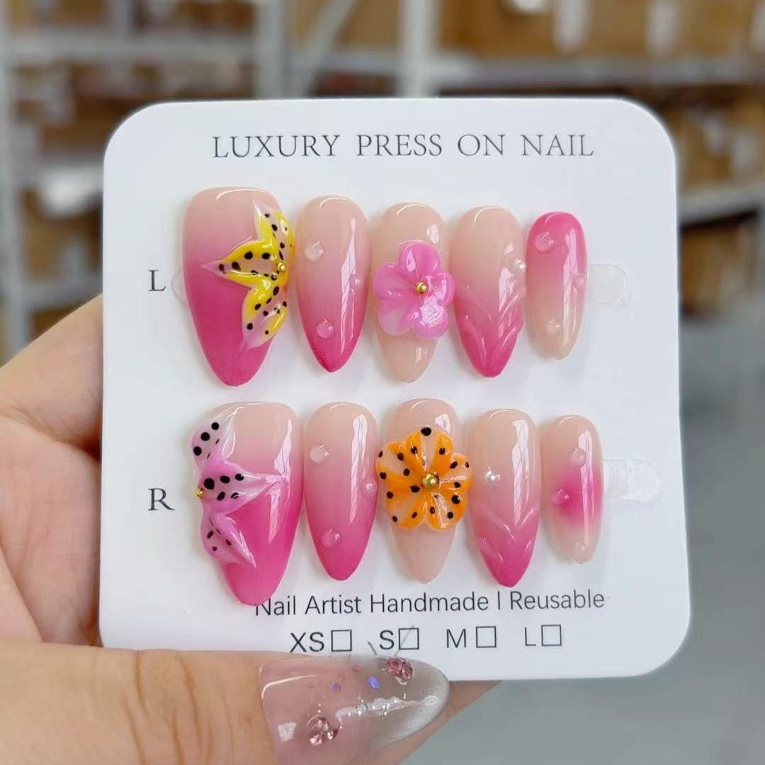 Sweet Tropical: "Pink Butterfly Bloom" – Medium Almond Nude & Pink Gradient Handmade Press-On
