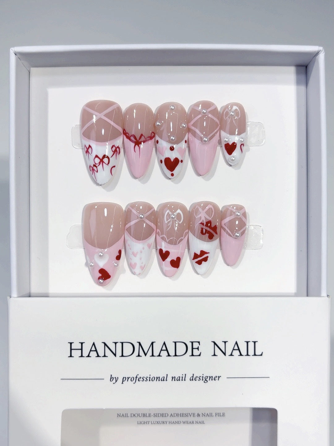Coquette Romance: "Pink Bow Heart" – Almond Shape Handmade Press-Ons