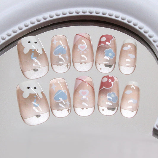 Pontas de unha pré-fabricadas, desenho animado fofo, esquema de cores de animais, flor pequena, amor, oblíqua, francesa, doce, menina, peça de arte de unha removível ｜ 365nails