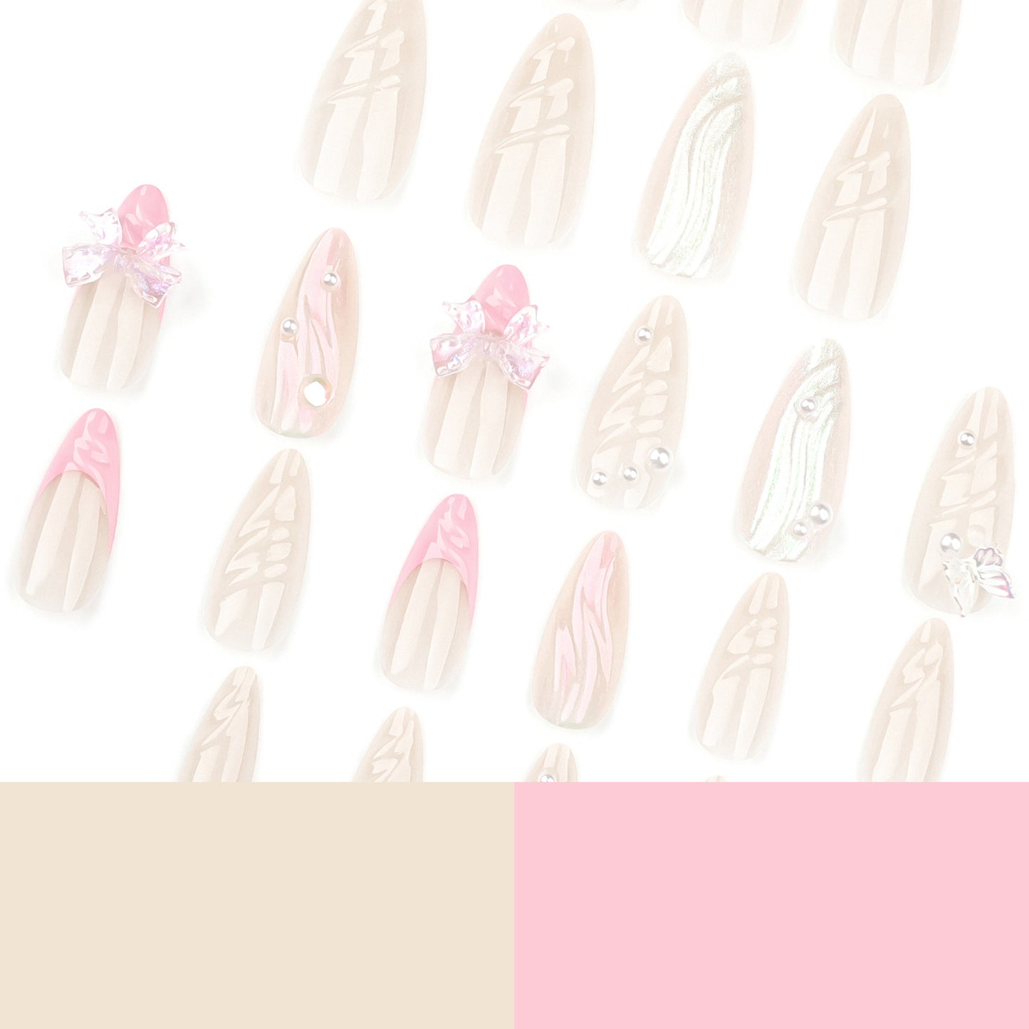 Unhas postiças francesas de pressão rosa, manicure com pérolas 3D, unhas postiças com laço tridimensional, unhas postiças ｜365nails