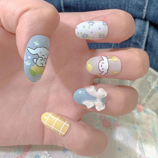 Internet celebrity cute cartoon Yugui dog wearing armor short round nail piece finished product wholesale  bow nail piece｜365nails