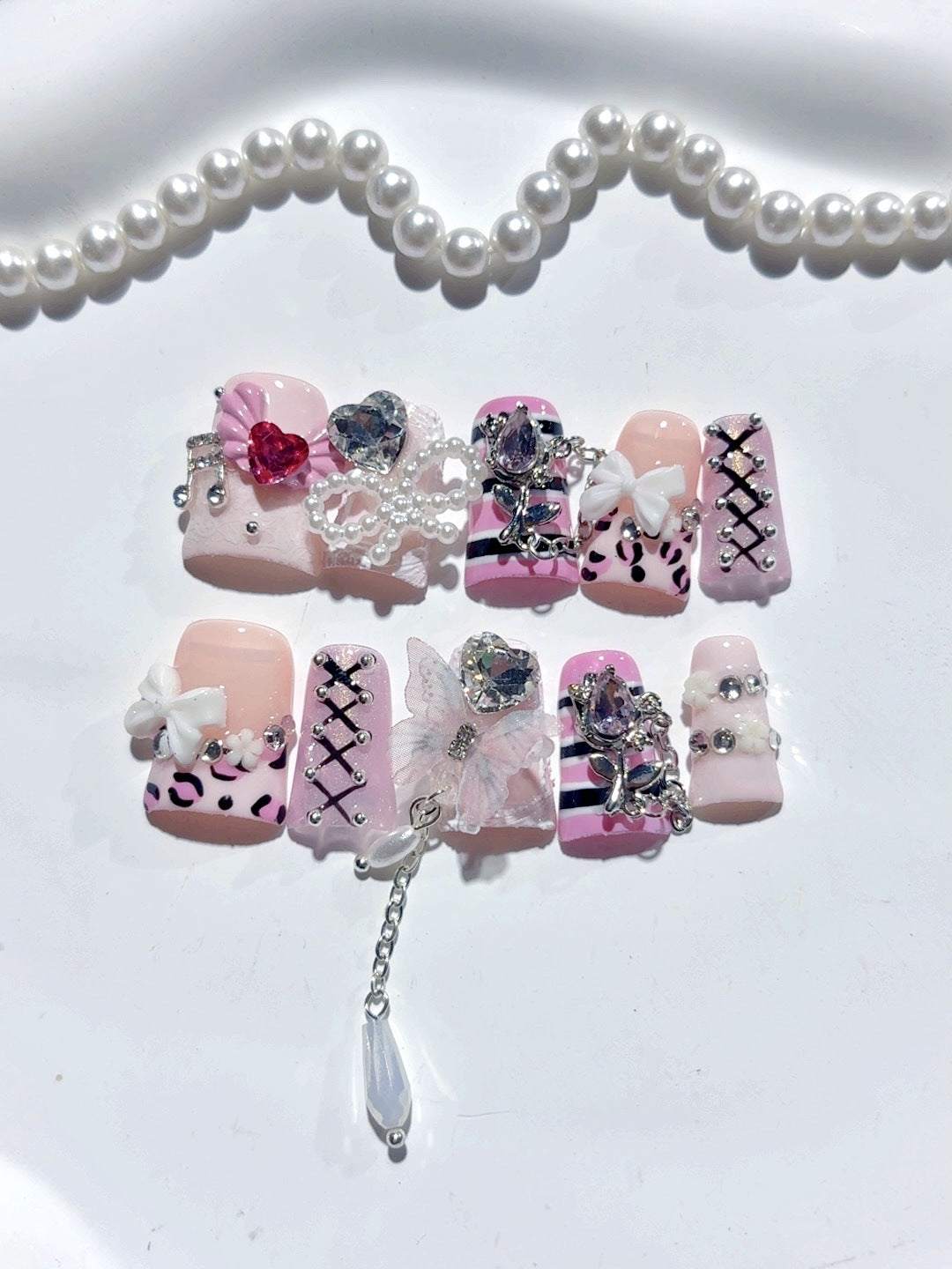 365nails-Sweet Punk: "Pink Leopard Lace-Up" – Tapered Square Press-On Nails