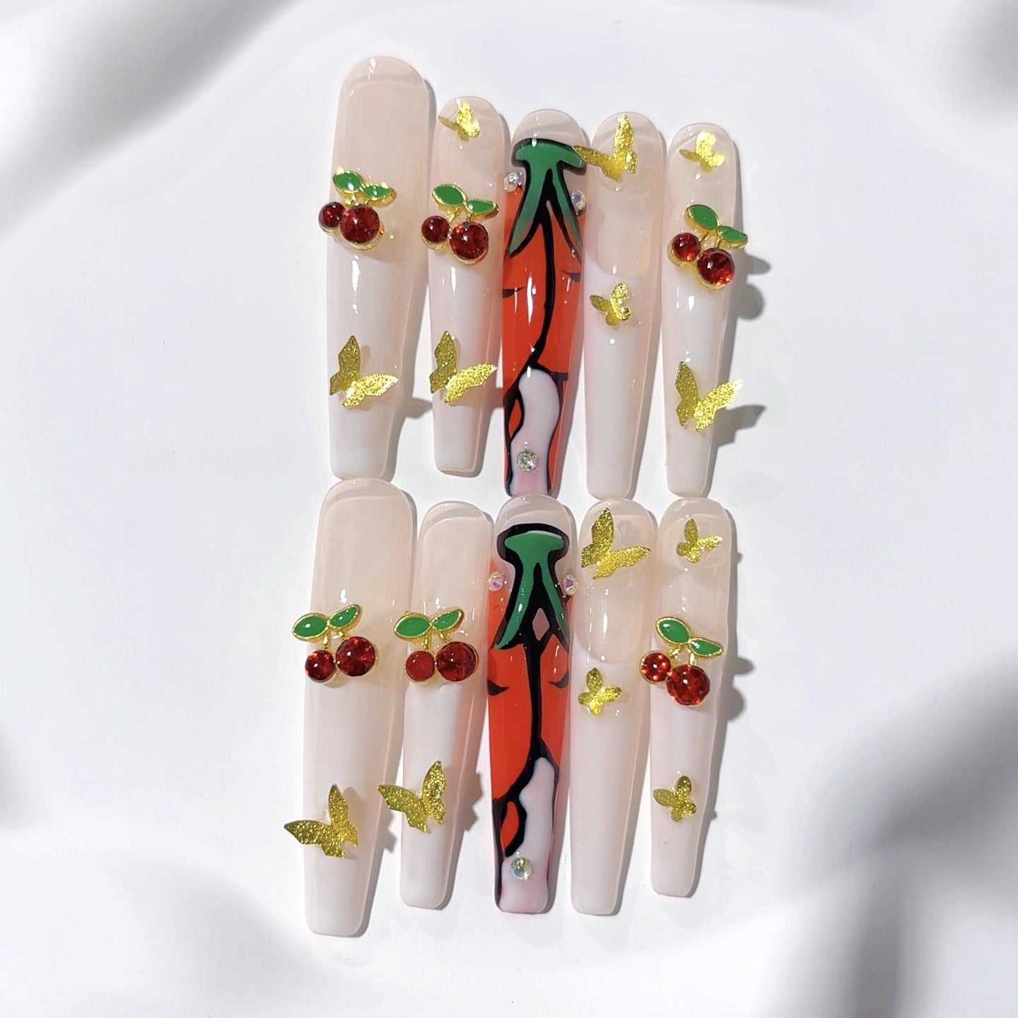 Cherry Butterfly Nude Press On Nails
