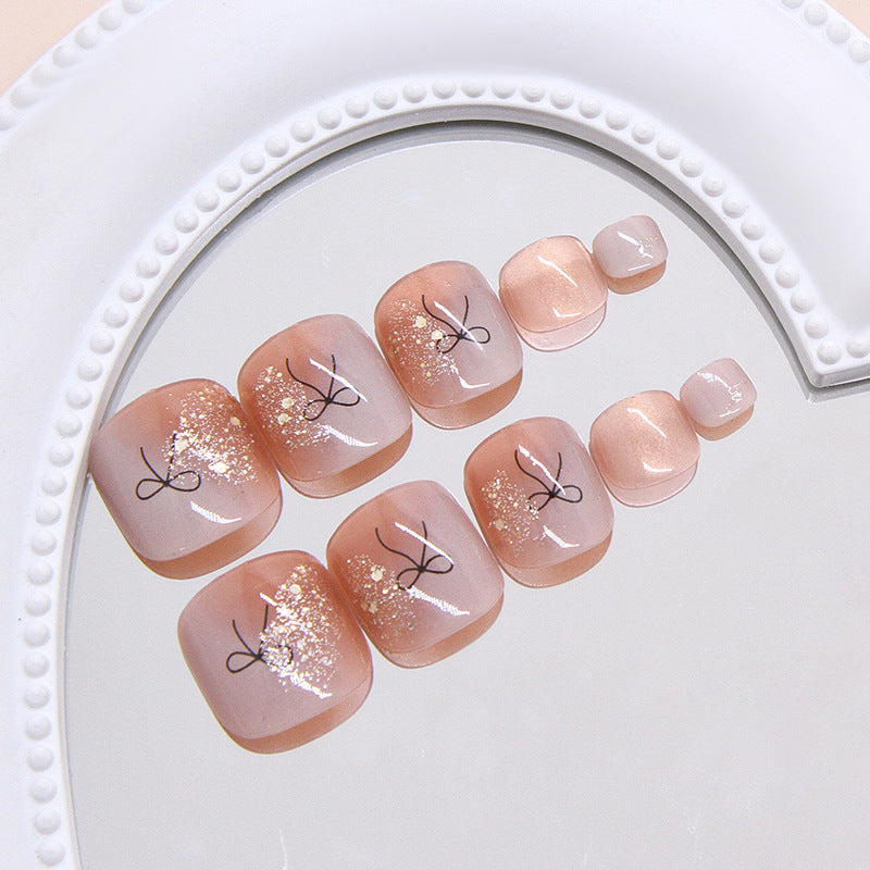 Unhas dos pés postiças removíveis, 24 peças, marrom claro, branco leitoso, com borrões finos e linhas brilhantes