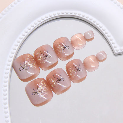 Marrón claro, blanco leche, difuminado, línea fina, lazo, uñas postizas versátiles, extraíbles, 24 piezas ｜365nails