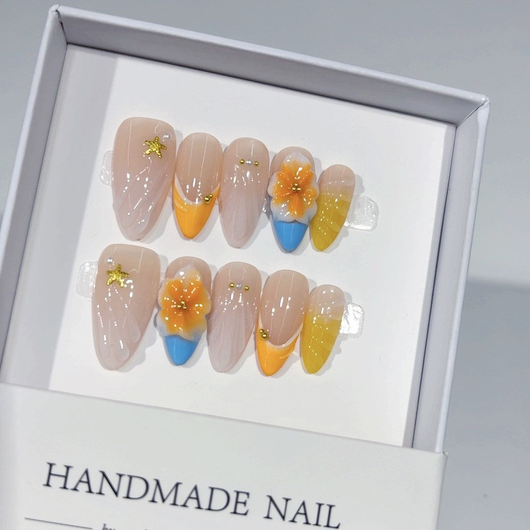 Summer Citrus: "Orange Bloom" – Medium Almond Handmade Press On Nails