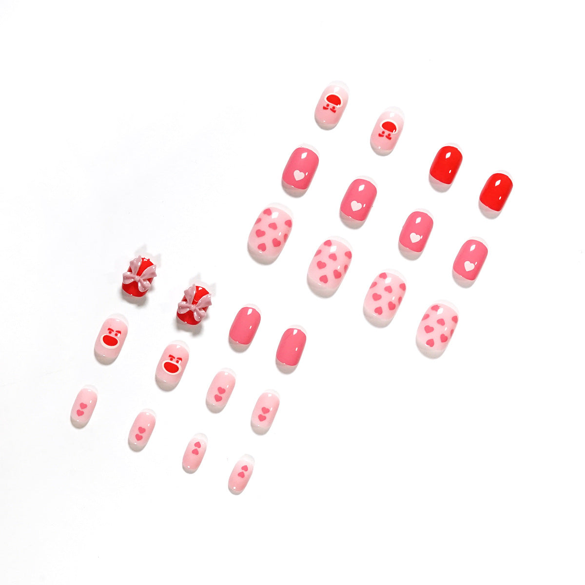 Uñas postizas con lazo, corazón, melocotón y oso, con acabado a presión, removibles | 365nails