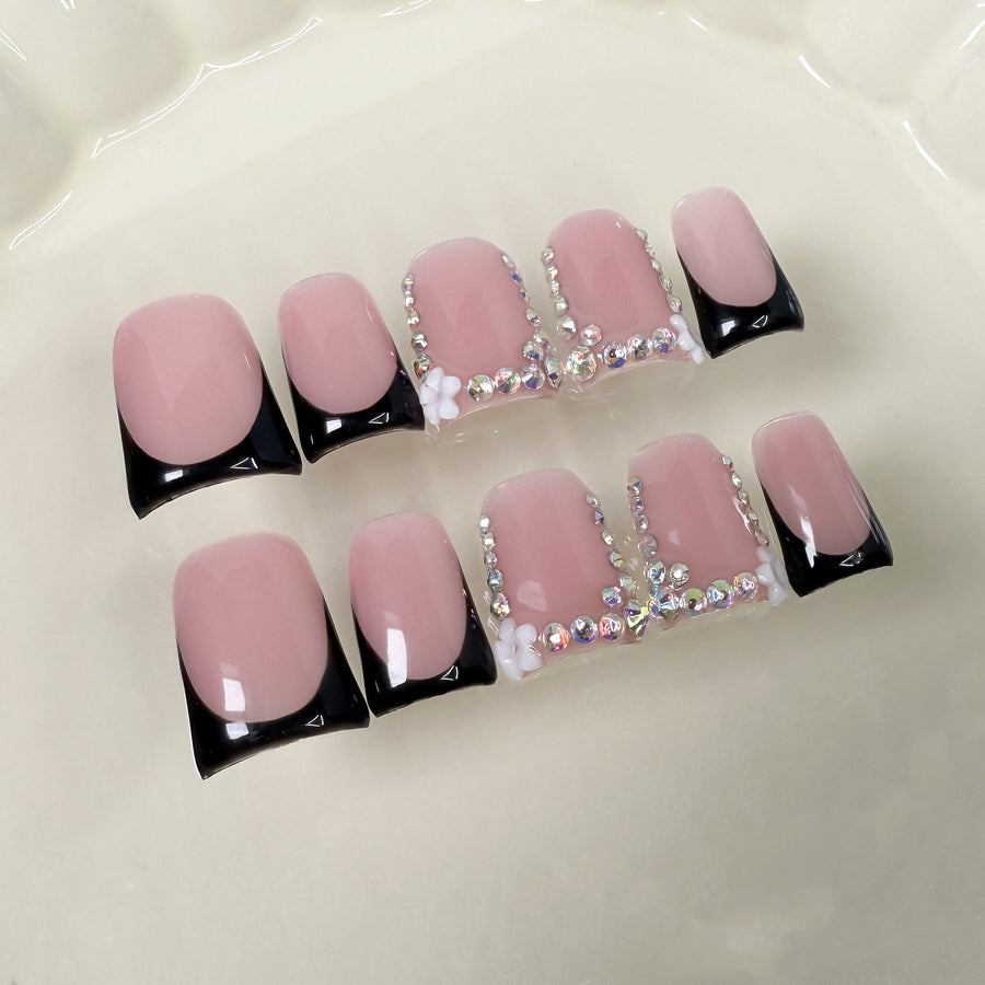 Elegant Nude Duckbill Nails with Crystal Embellishments