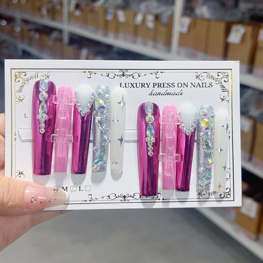 Glossy Pink Crystal Extra Long Press On Nails