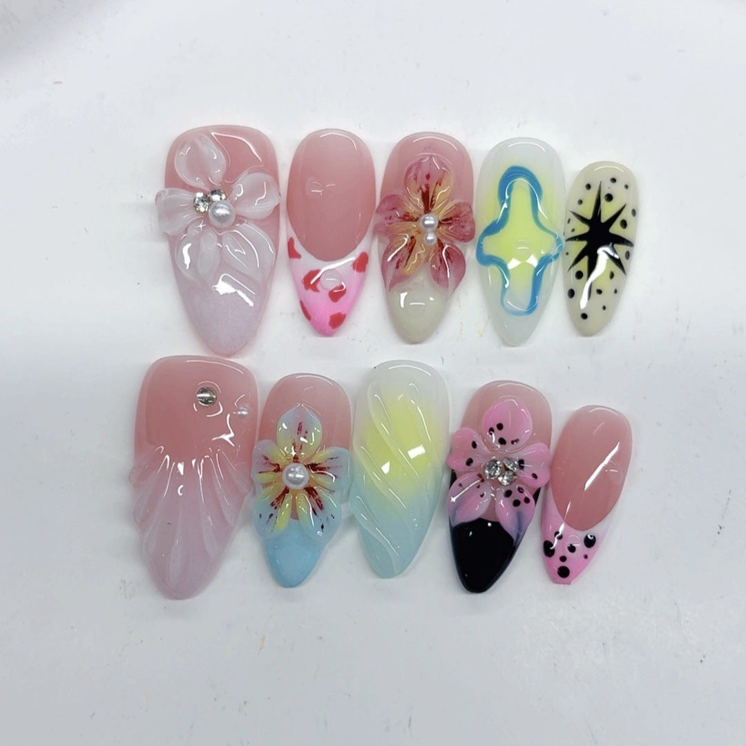Floraison tropicale : "Fantaisie florale" – Ongles press-on faits main amande mi-longs
