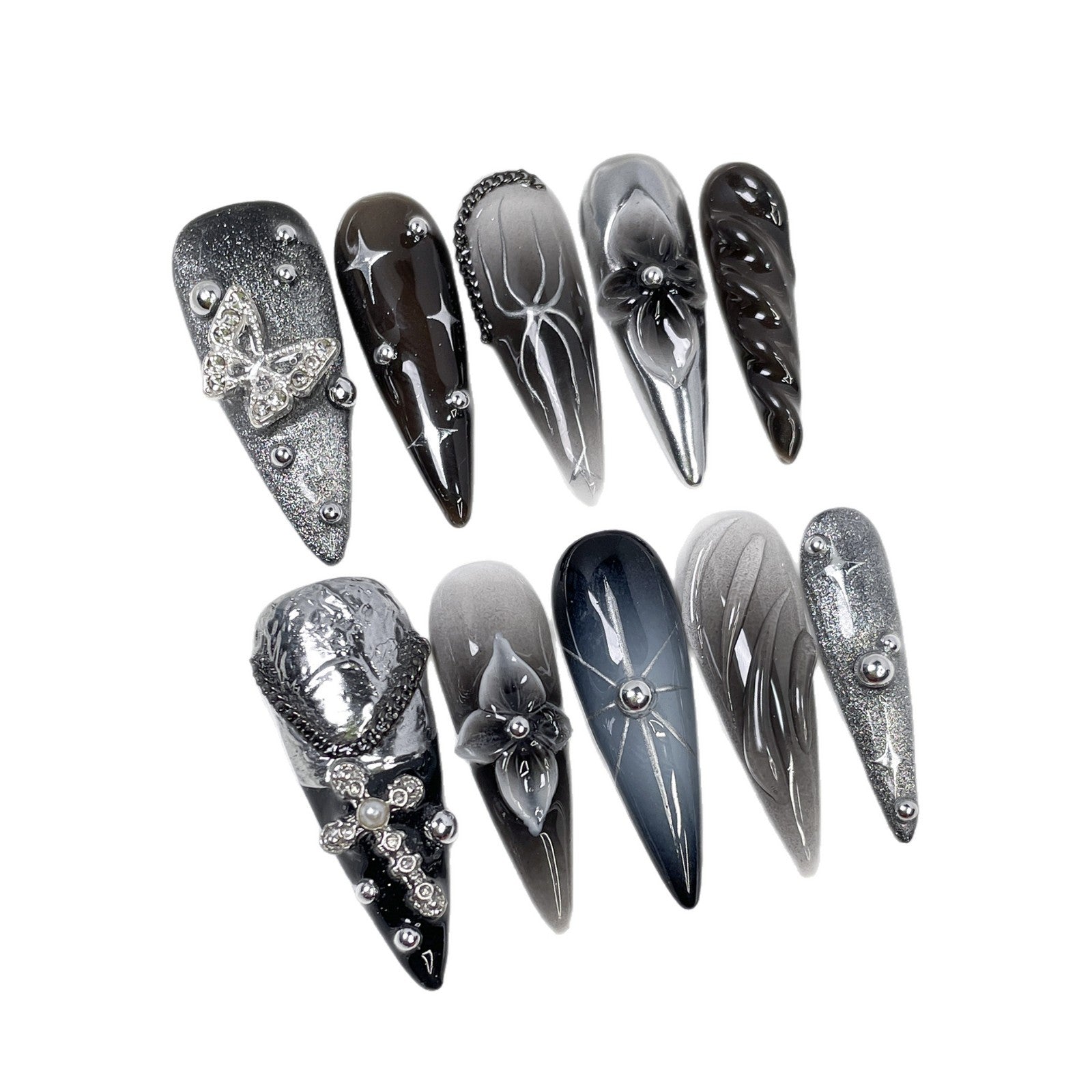 Gothic Silver Ombré Butterfly Gem Long Press-On Nails