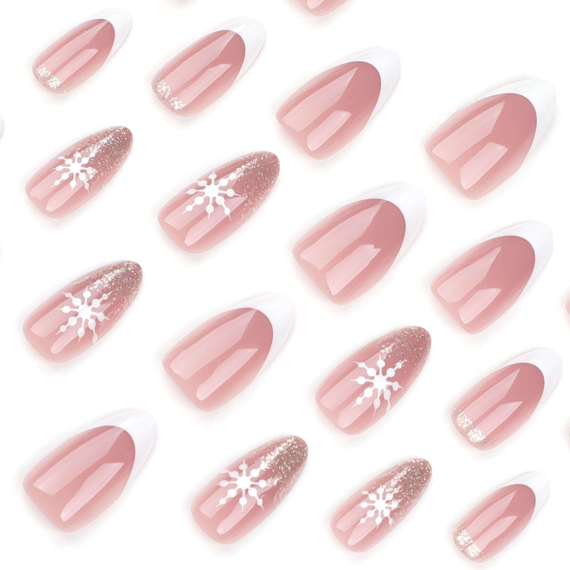 簡約法式白聖誕雪花金色亮粉短款穿戴甲片 批發｜365nails