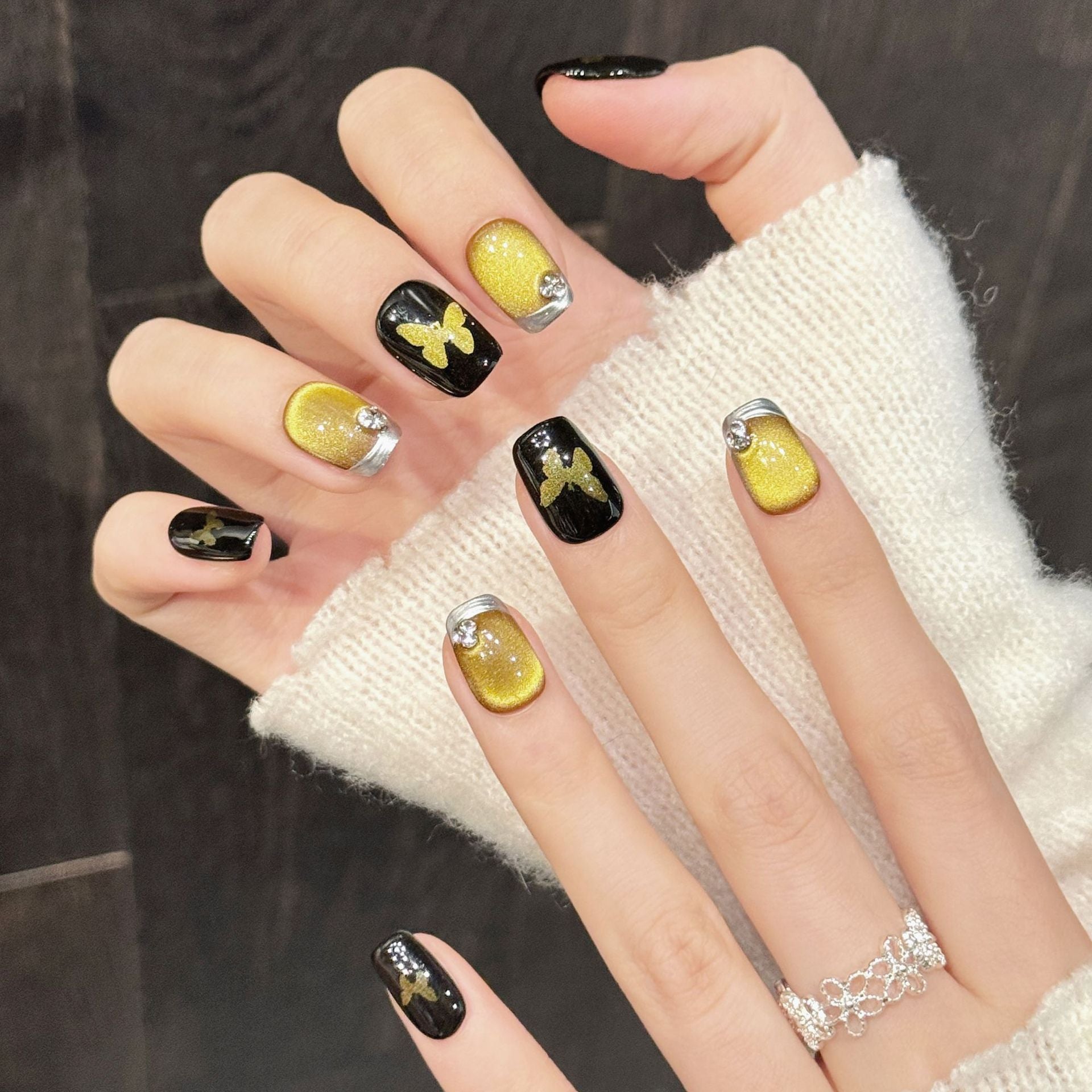 365nails: "Gilded Secret" – Black Gold Butterfly Handmade Press on Nails
