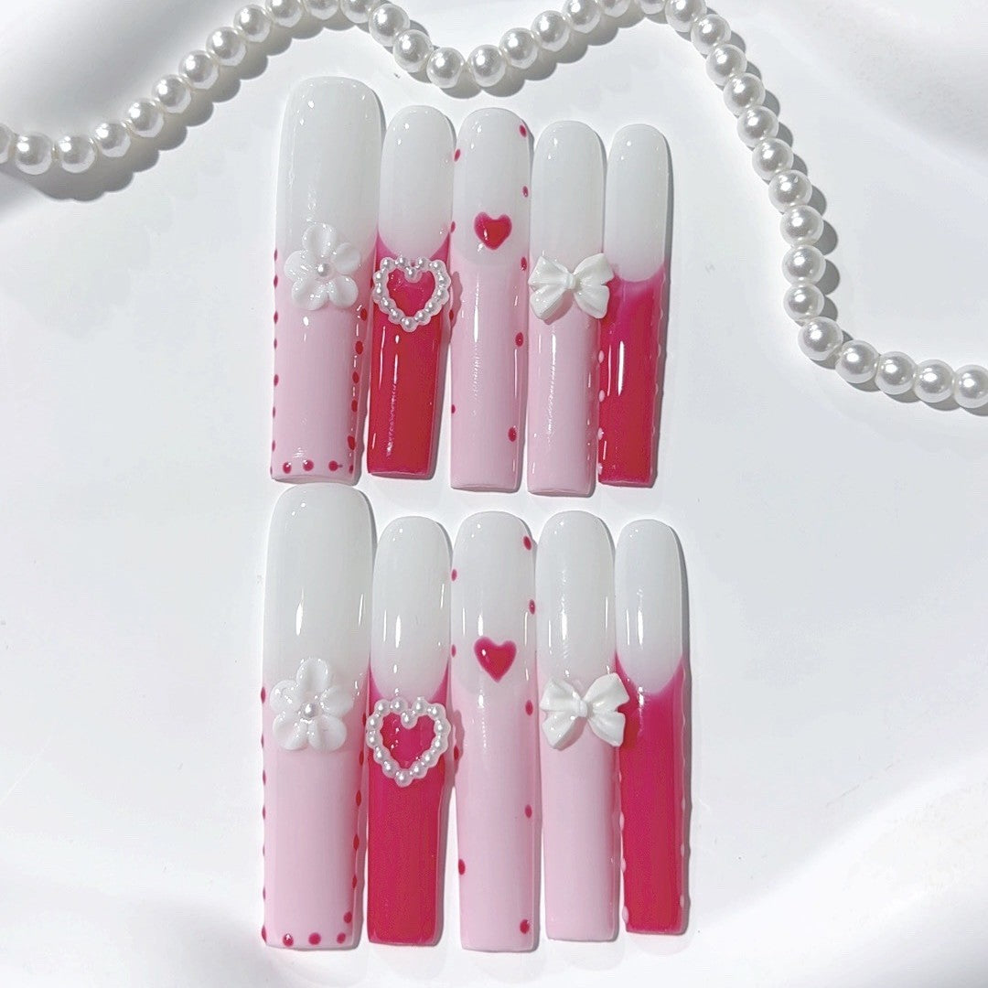 Sweet Heart Bow French Gradient Press On Nails