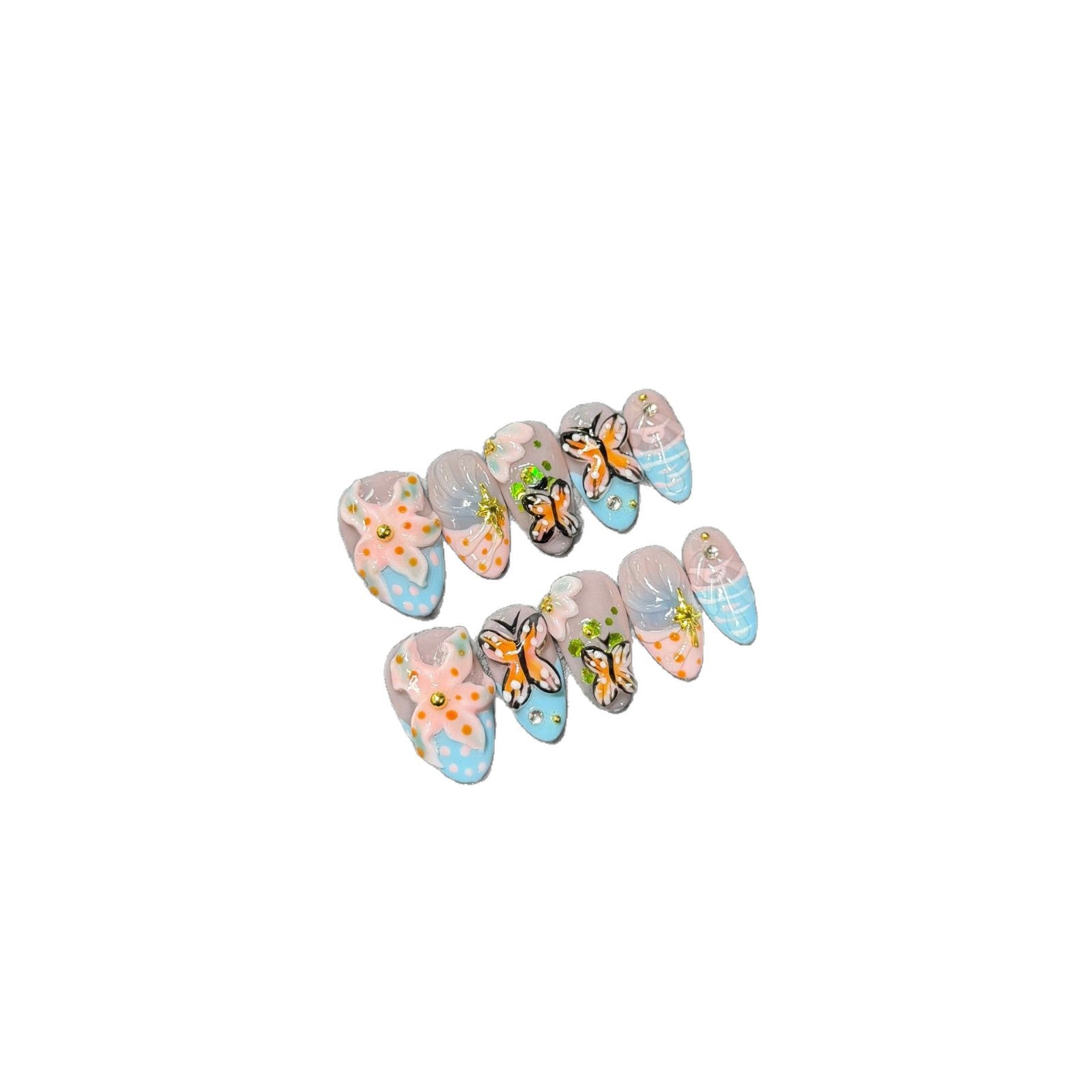 365nails：空靈花園 3D 蝴蝶與花卉 手工製 中長款棺材形甲片