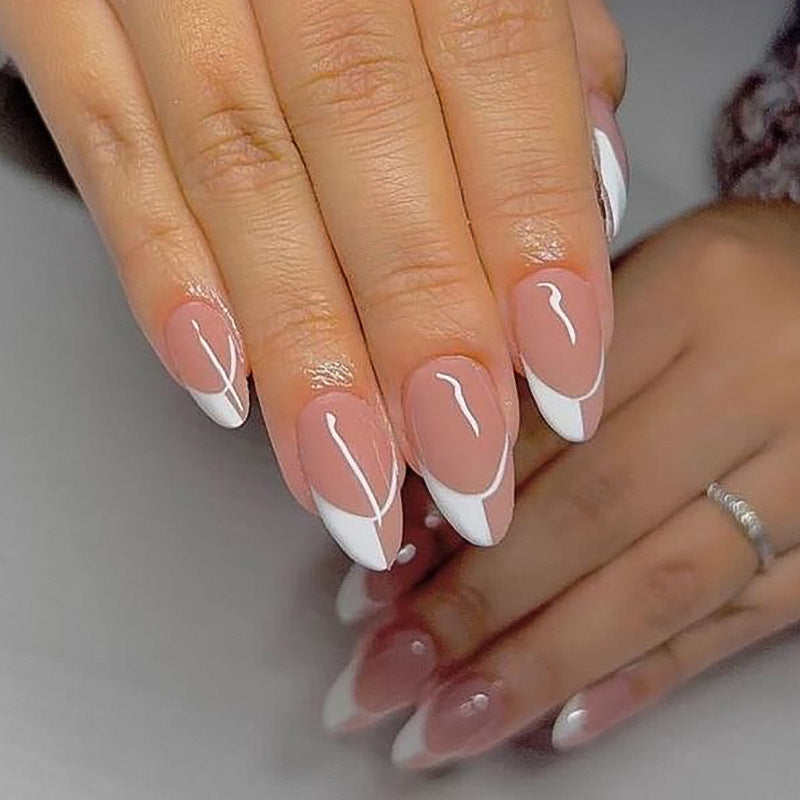 심플 프렌치 화이트 라인 배색 아몬드형 누드 프레스온 네일｜365nails